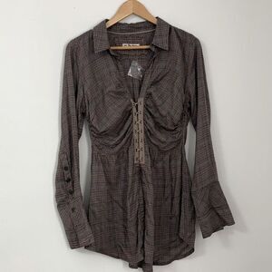 NWOT Free People- We the Free Plaid Clasp Front Long sleeve Shirt